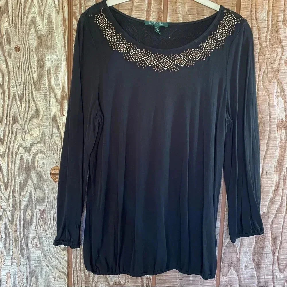 Lauren Ralph Lauren Beaded Neck Long Sleeve Top 🐧